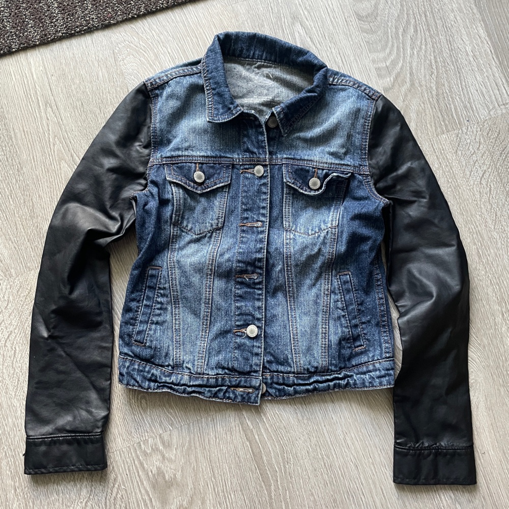 Denim and Black Leather Women's Jacket